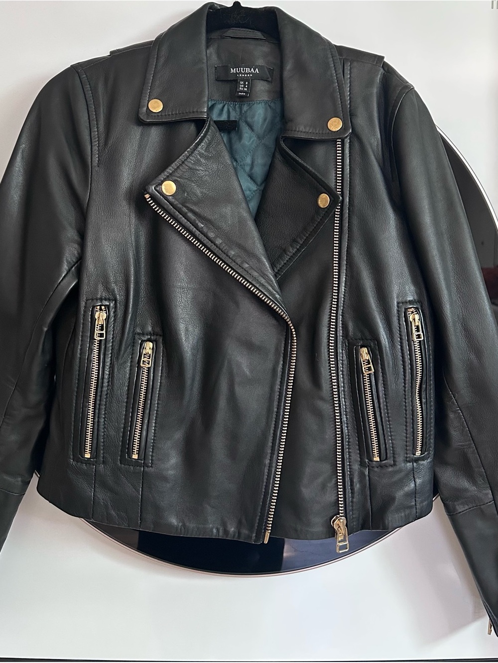 Muubaa Black Leather Moto Jacket with Gold Hardware